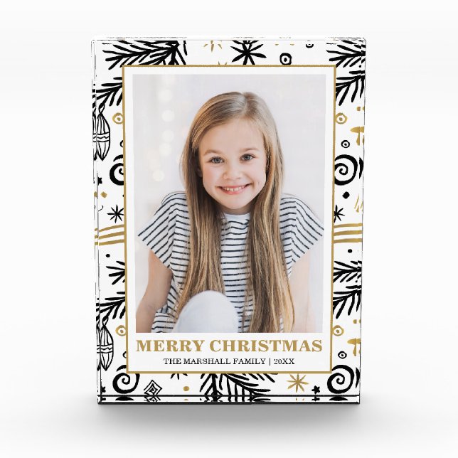 Gold black white doodle pine  holiday photo block (Front)