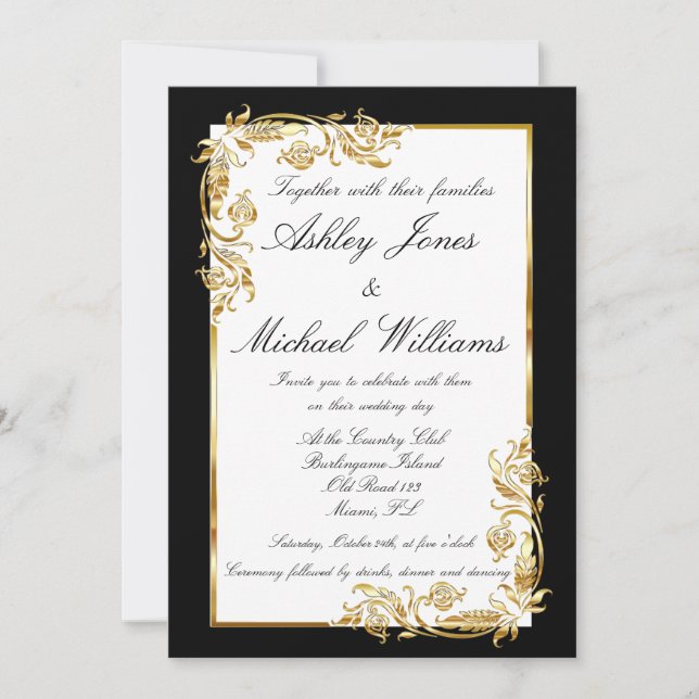 Gold Black White Elegant Glamourous Cordial Weddin Invitation (Front)