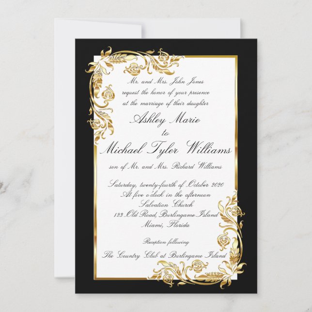 Gold Black White Elegant Glamourous Formal Wedding Invitation (Front)