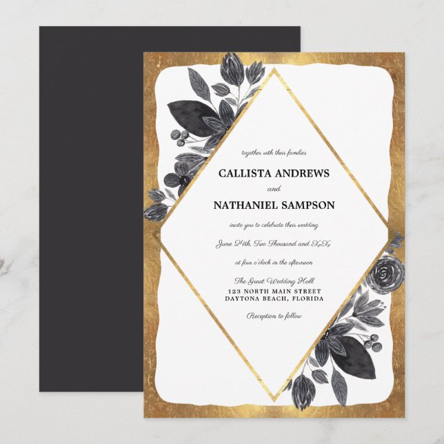 Gold Black White Floral Diamond Border Wedding Invitation (Front/Back)