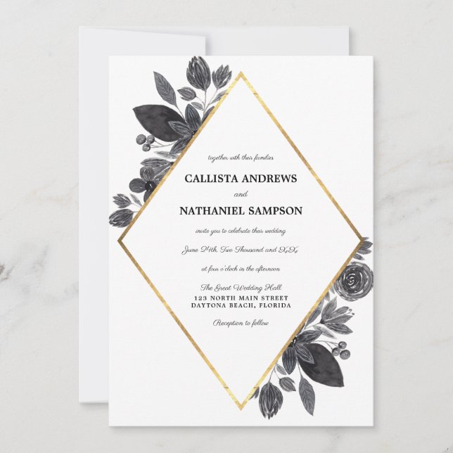 Gold Black White Floral Diamond Frame Wedding Invitation (Front)