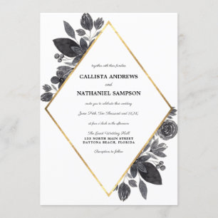 Gold Black White Floral Diamond Frame Wedding Invitation