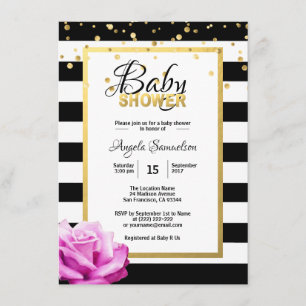 Gold Black White Floral Pink Rose Baby Shower Invitation