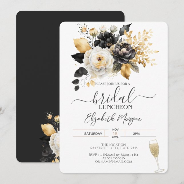 Gold Black White Flowers Bridal Luncheon Invitation (Front/Back)