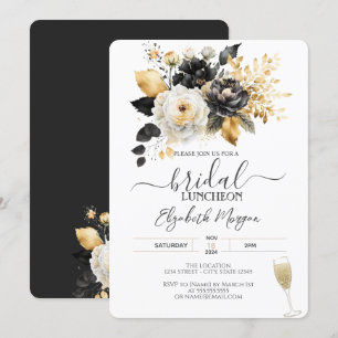 Gold Black White Flowers Bridal Luncheon Invitation