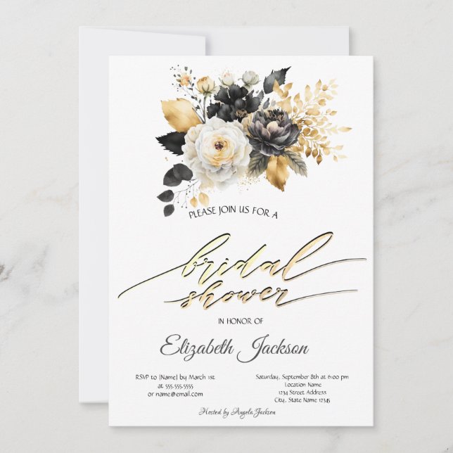 Gold Black White Flowers Bridal Shower  Invitation (Front)