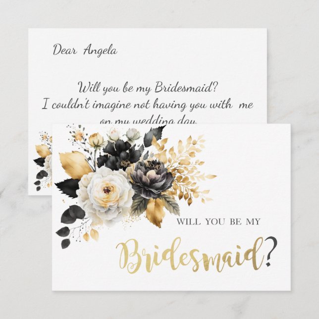 Gold Black White Flowers Bridesmaid Card (Front/Back)