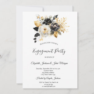 Gold Black White Flowers Engagement  Invitation