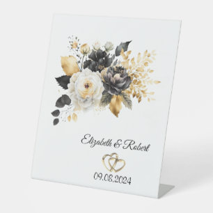 Gold Black White Flowers Wedding  Pedestal Sign