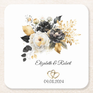 Gold Black White Flowers Wedding Square Paper Coaster
