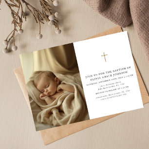 Gold Black & White Gender Neutral Photo Baptism Invitation