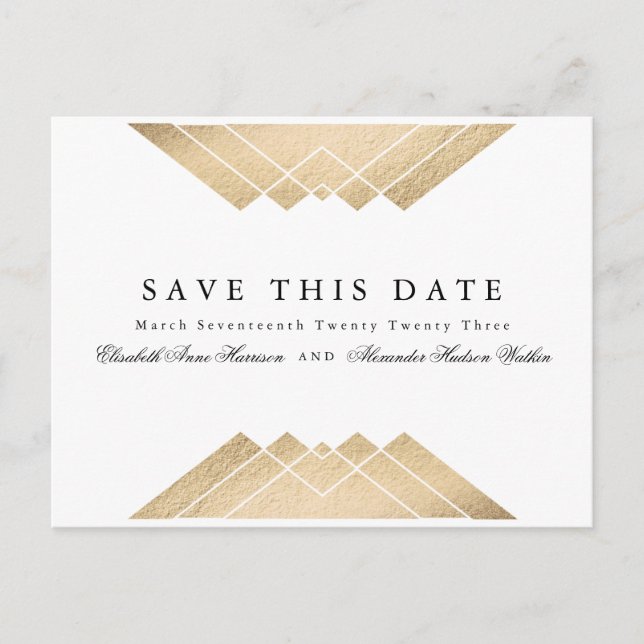 Gold Black & White Geometric Gatsby Save The Date Announcement Postcard (Front)