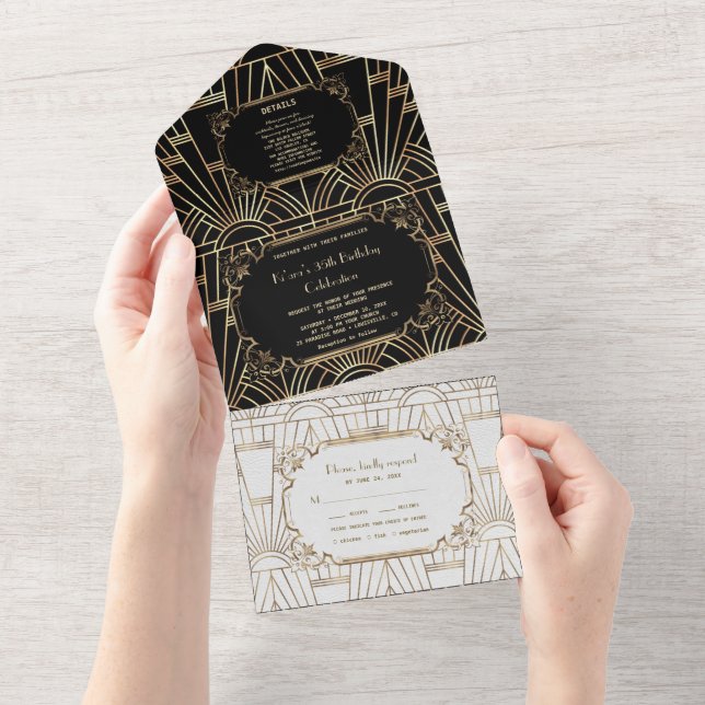 Gold Black White Great Gatsby Art Deco Birthday  All In One Invitation (Tearaway)