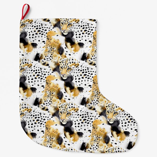 Gold Black White Leopards Large Christmas Stocking (Front)