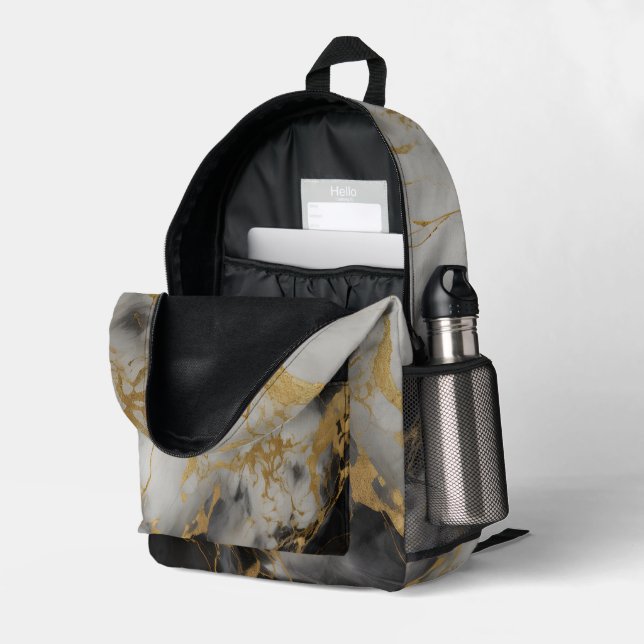 Gold, Black & White Marble | Printed Backpack (Back Corner Right (Open))