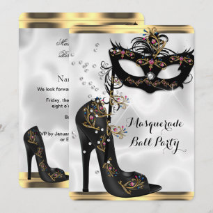 Gold Black White Masquerade Ball Party Mask Jewel Invitation