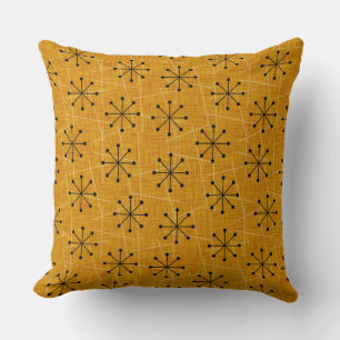 Gold, Black, White   Mid-Century Atomic Starbursts Cushion