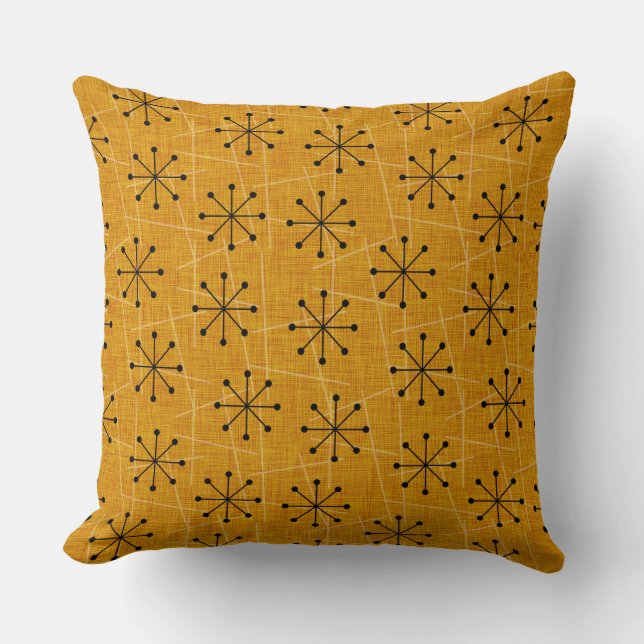 Gold, Black, White | Mid-Century Atomic Starbursts Cushion (Front)