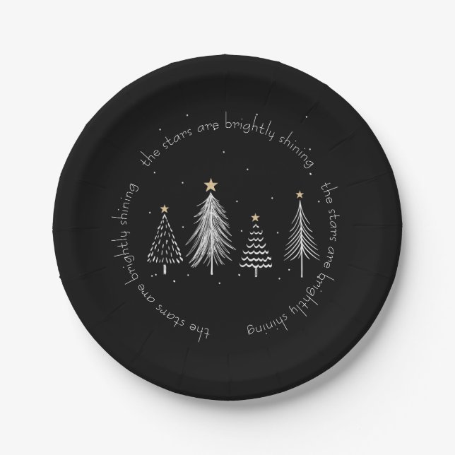 Gold, Black, White Modern Christmas Tree Stars Paper Plate (Front)
