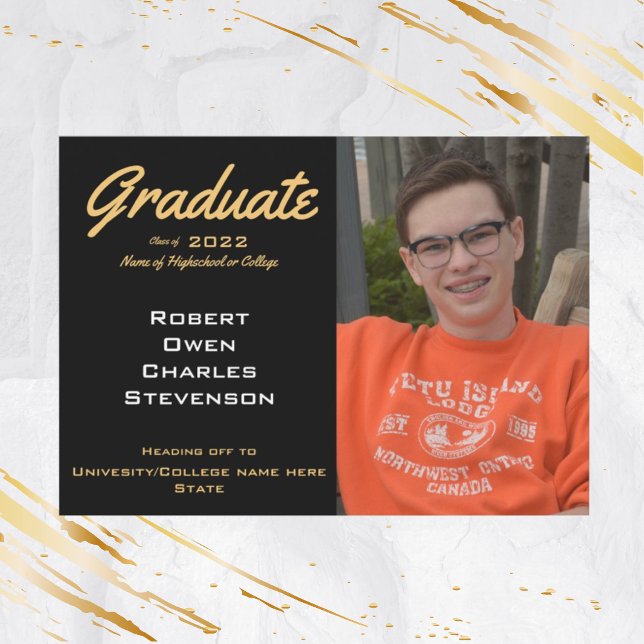 Gold Black White Photo Graduation Announcement (Creator Uploaded)