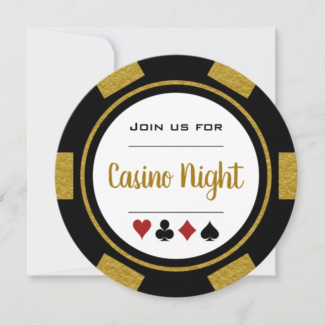 Gold Black White Poker Chip Casino Night Invitation (Front)