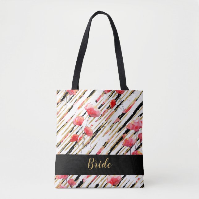 *~* Gold Black White Red Poppy Pattern Tote Bag (Front)