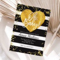 Gold black white striped baby shower invitation