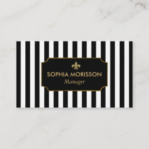 Gold, Black & White Stripes Custom Monogram Business Card