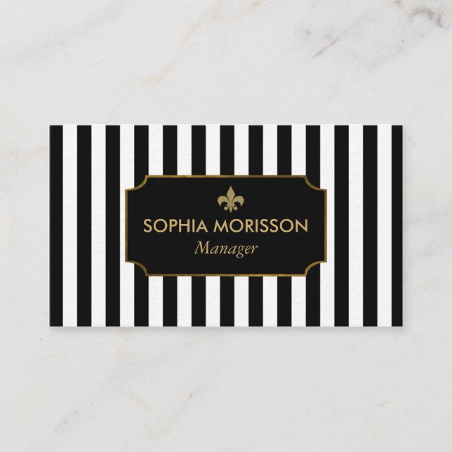 Gold, Black & White Stripes Custom Monogram Business Card (Front)