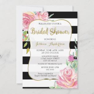 Gold, Black & White Stripes Floral Bridal Shower Invitation