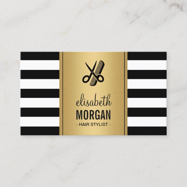 Gold Black White Stripes Hair Stylist Appointment Card (Front)