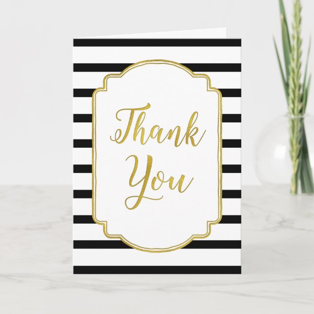 Gold Black White Stripes Wedding Thank You Card (Front)