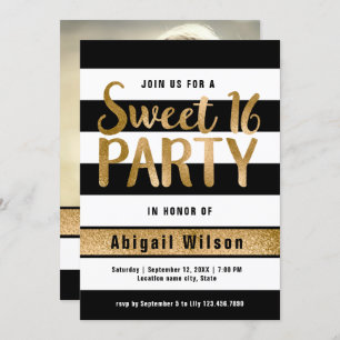 Gold black white sweet sixteen birthday party invitation