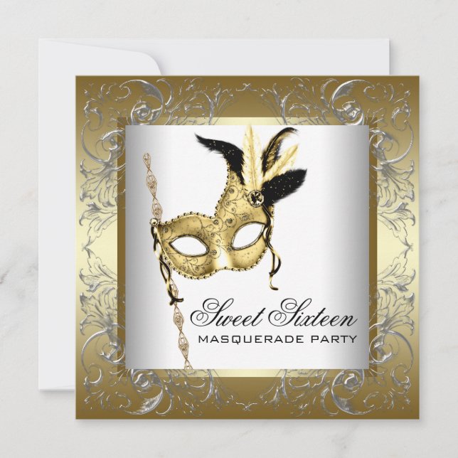 Gold Black White Sweet Sixteen Masquerade Party Invitation (Front)