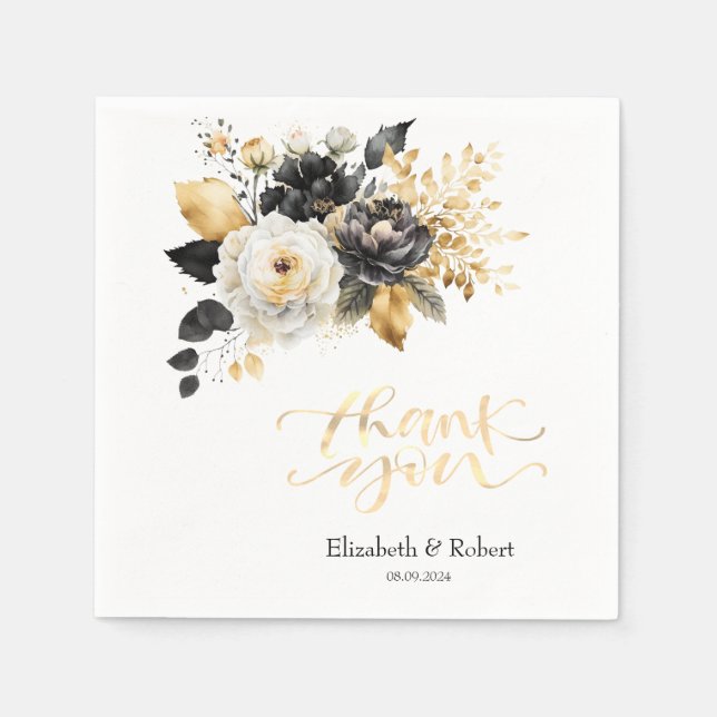 Gold Black White Thank You Card Napkin (Front)