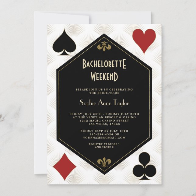 Gold Black White Vegas Casino Bachelorette Weekend Invitation (Front)