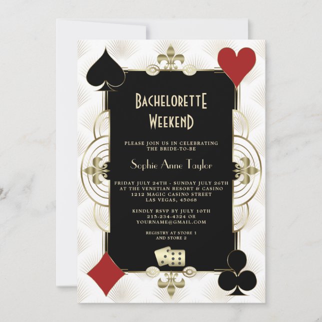 Gold Black White Vegas Casino Bachelorette Weekend Invitation (Front)