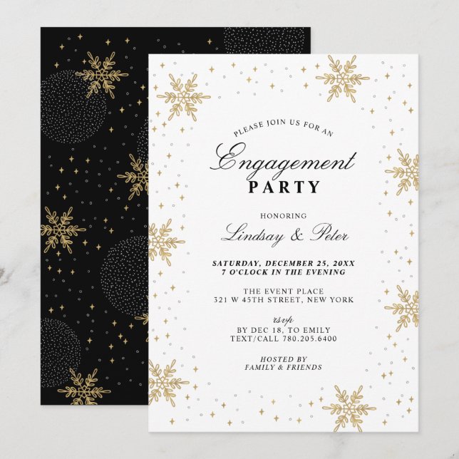Gold & Black Winter Christmas Engagement Party Inv Invitation (Front/Back)