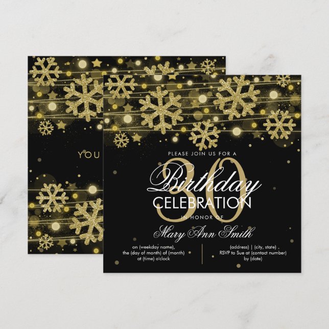 Gold Black Winter Glitter Glam 30th Birthday Invitation (Front/Back)