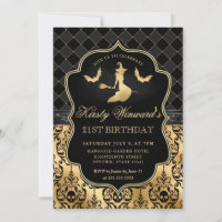 Gold Black Witch and Bat Halloween 21st Birthday