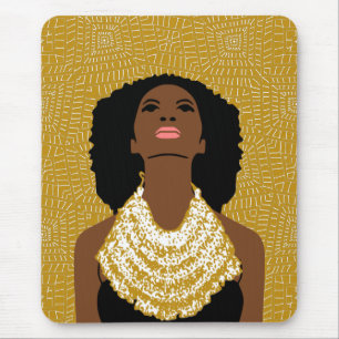 gold Black Woman Looking Up Tribal Necklace Mouse Mat