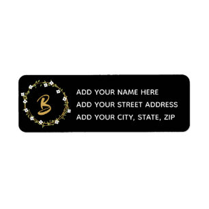 Gold Black Wreath Monogram Return Address Label