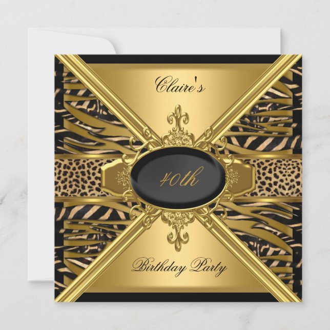 Gold Black Zebra Leopard 40th Birthday Party Invitation (Front)