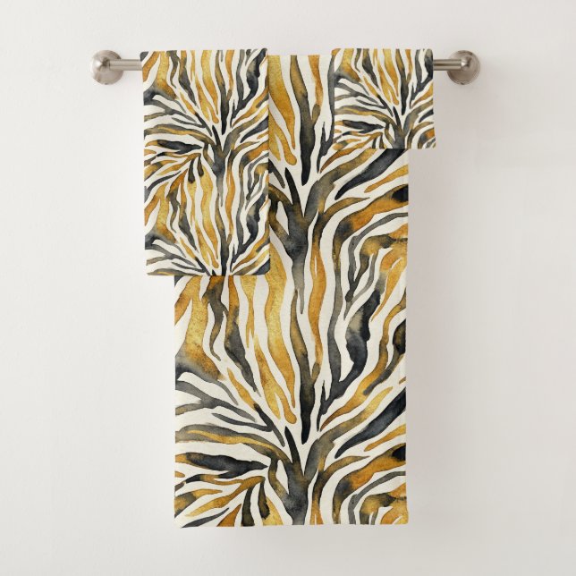 Gold Black Zebra Print Pattern Bath Towel Set (Insitu)