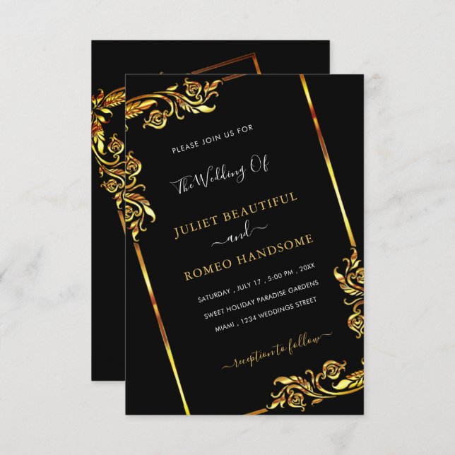 Gold BlackElegant Framed Modern Wedding Invitation (Front/Back)