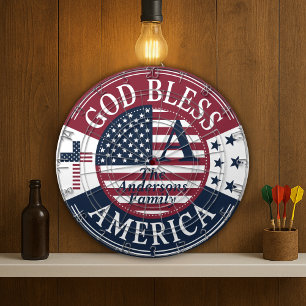 Gold Bless America Custom Family Name 4th Of July Dartboard