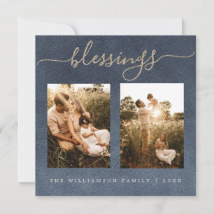 Gold Blessings Dark Blue Christmas Photo Holiday
