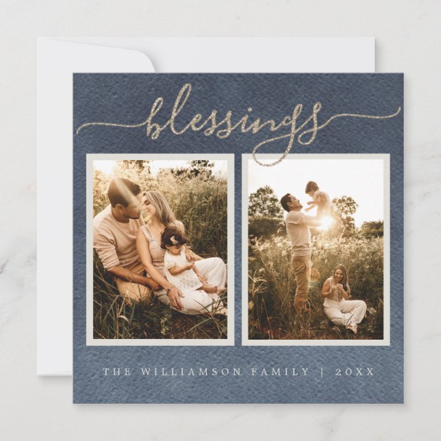 Gold Blessings Dark Blue Christmas Photo Holiday Card (Front)