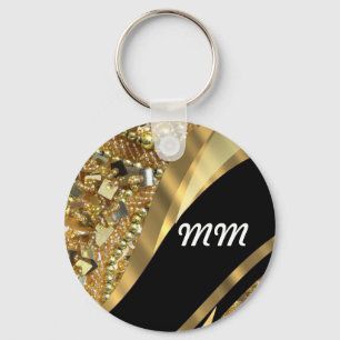 Gold bling & black swirl pattern key ring