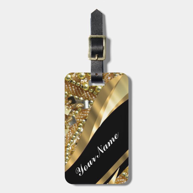 Gold bling & black swirl pattern luggage tag (Front Vertical)